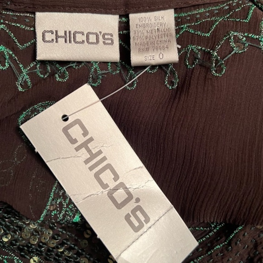 Chicos sheer tunic top brown green embroidery sequins XS NWT - Picture 7 of 8